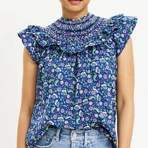 LOFT WOMEN Petite Floral Smocked Ruffle Yoke Top PS Cobalt Current